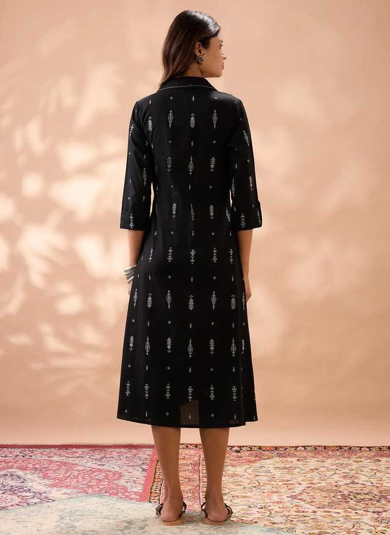 globus Globus Women Black Notched Lapel Roll Up Sleeves Ethnic Print A-Line Midi Dress